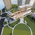 Modern Glass Facade Building With Green Lawn Trees And High Rise Background