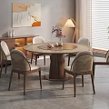 Modern Round Wooden Dining Table Set With Six Woven Seats Chairs And Side Cabinet