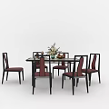 Modern Dining Table Set With Rectangular Table Pink Cushioned Chairs And Flower Vase 3d model