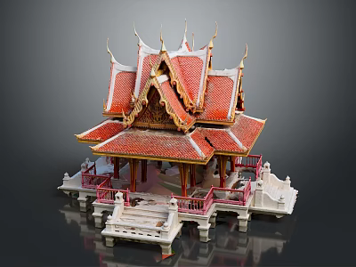Exquisite Traditional Thai Architecture Showcasing Red Roof Golden Decorations White Base Pink Railings And Steps 3d model