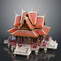 Exquisite Traditional Thai Architecture Showcasing Red Roof Golden Decorations White Base Pink Railings And Steps
