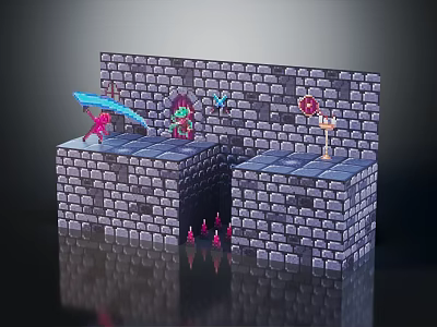 Cartoon Adventure Scene Featuring Stone Brick Walls Archway Stone Platforms And Colorful Characters 3d model