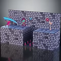 Cartoon Adventure Scene Featuring Stone Brick Walls Archway Stone Platforms And Colorful Characters