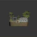 Whimsical Cartoon Scenic Model With Small Houses Tall Trees Wooden Gazebo And Winding Pathways