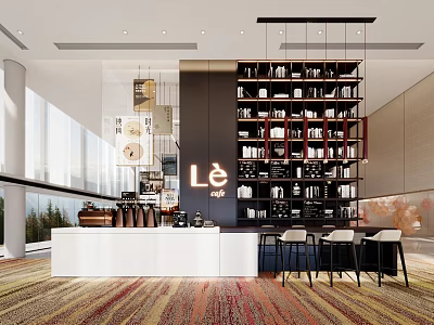 Modern Café Interior With Counter Bookshelf Hanging Lights Large Windows And Bar Stools 3d model