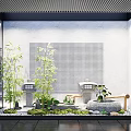 Indoor Plant Combination With Bamboo Stone Lantern Wooden Elements And Grid Pattern Wall 3d model