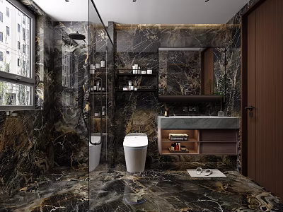 Luxury Dark Marble Modern Bathroom With Smart Toilet Glass Shower And Floating Vanity Cabinets 3d model