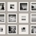 Twelve Black And White Landscape Paintings In Framed Wall 3d model