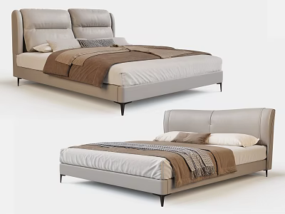 Modern Double Bed With Grey Headboard Minimalist Design Metal Legs And Bedding 3d model