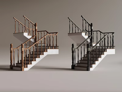Interior Stairs Design With Wooden And Black Metal Handrails And Balusters 3d model