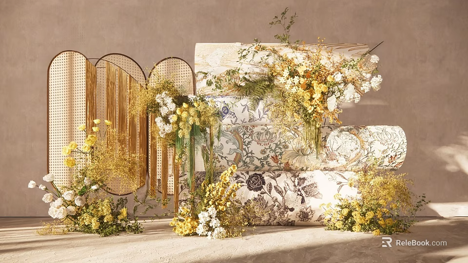 Elegant Floral Installation With Woven Screens Patterned Decor Yellow White Blooms And Greenery 3d model 