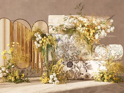 Elegant Floral Installation With Woven Screens Patterned Decor Yellow White Blooms And Greenery 3d model