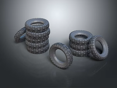 Stacked and Scattered Rubber Tires Collection on Gray Background Surface 3d model