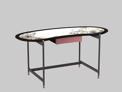 Oval Desk With Patterned Top Pink Drawer And Black Metal Legs With Gold Base 3d model