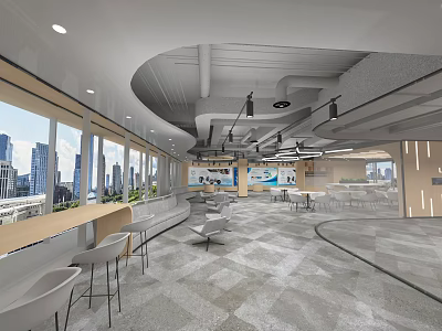 Modern Open Office Space with Large Windows City Skyline View and Lounge Area Tables 3d model