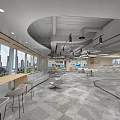Modern Open Office Space with Large Windows City Skyline View and Lounge Area Tables