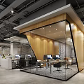 Modern Public Office Space Interior Design With Glass Partition Wooden Walls And Office Desks