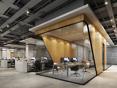 Modern Public Office Space Interior Design With Glass Partition Wooden Walls And Office Desks 3d model