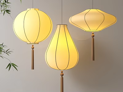 Hanging Yellow Chinese Lanterns With Various Shapes And Bamboo Leaves Decor 3d model