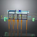 3D Rendered Industrial Equipment With Transparent Structure Orange Support Pillars And Green Containers