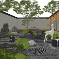 Traditional Japanese Courtyard Garden With Stones Trees Grass Lanterns And Deer Sculpture