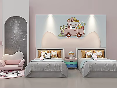 Cute Kids Hotel Guest Room With Twin Beds Hello Kitty Cartoon And Pink Decor 3d model