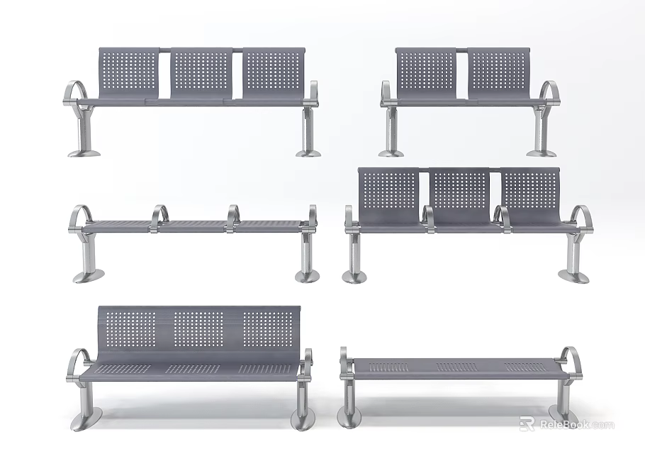 Metal Public Benches With Grid Design Seat And Backrest For Outdoor Public Spaces 3d model 