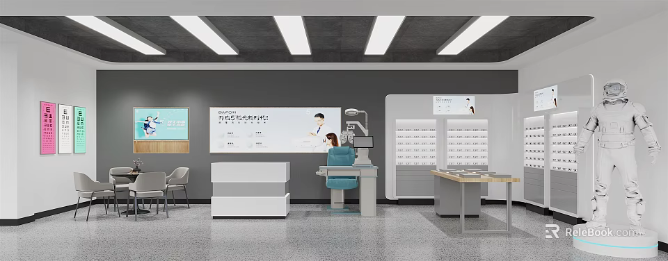 Modern Eyewear Store Interior With Display Cabinets Reception Desk Seating And Screens 3d model 