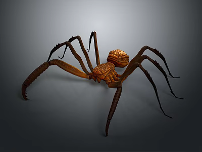 Detailed Brown Spider With Carved Texture Body And Long Legs Isolated On Dark Background 3d model
