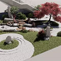 Japanese Garden Decor Elements With Red Maple Tree Stone Path And Stone Steps