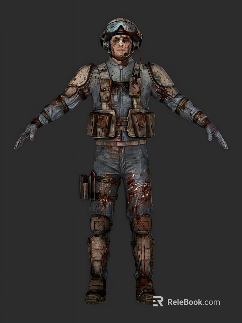 Man In Tattered Battle Gear With Bloodstained Uniform And Damaged Armor 3d model 