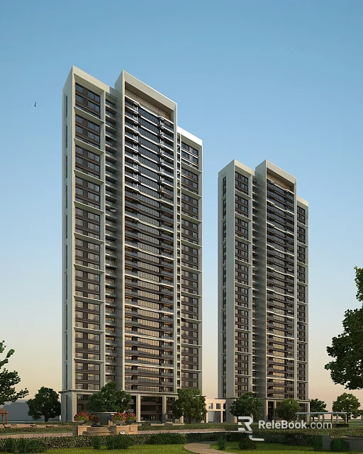 Modern High Rise Residential Buildings With Large Windows And Balconies Against Blue Sky And Trees 3d model 