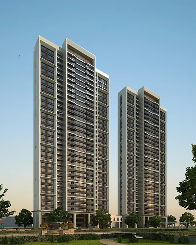 Modern High Rise Residential Buildings With Large Windows And Balconies Against Blue Sky And Trees 3d model