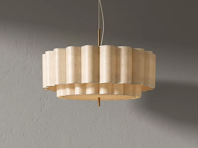 Beige Fabric Chandelier With Pleated Wave Design And Multi Layer Metal Frame Against Gray Wall 3d model