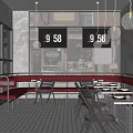 Industrial Restaurant Interior With Exposed Brick Wall Red Banquettes Hanging Lights And Wooden Tables