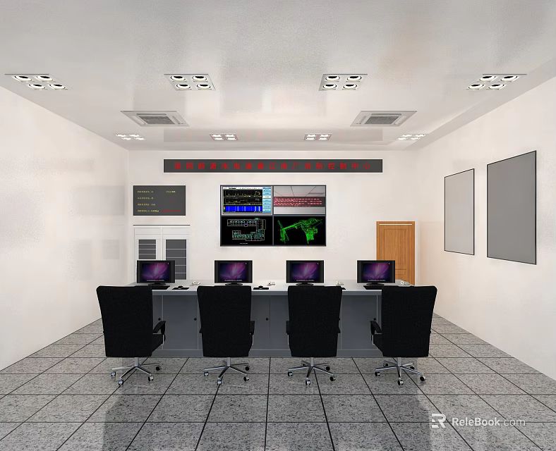 Modern Monitoring Room Interior With Multiple Display Screens Control Desk And Chairs 3d model 