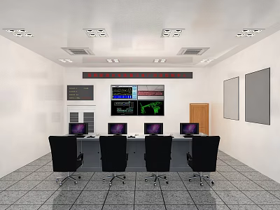 Modern Monitoring Room Interior With Multiple Display Screens Control Desk And Chairs 3d model