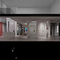 Modern Lobby Interior With Reception Desk Multiple Doors Red Decorative Wall And Gray Flooring