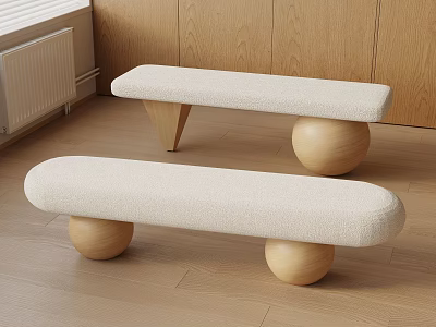 Modern Upholstered Benches With Wooden Round And Cone Legs In Indoor Room 3d model