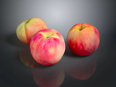 Three Fresh Pink and Yellow Peaches on Dark Background with Reflections 3d model