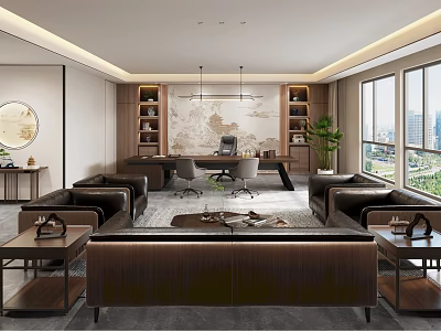 Modern Luxury Office Interior With Leather Sofa Wooden Desk And Green Plant 3d model
