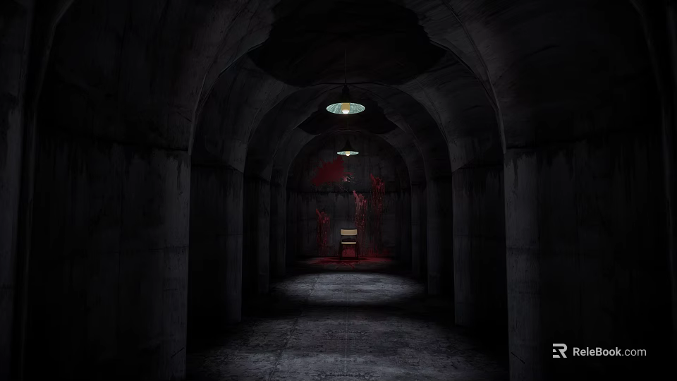Elevator Corridor With Arched Dark Walls Red Stains And Concrete Floor Ceiling Lights 3d model 