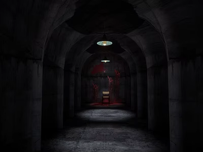 Elevator Corridor With Arched Dark Walls Red Stains And Concrete Floor Ceiling Lights 3d model