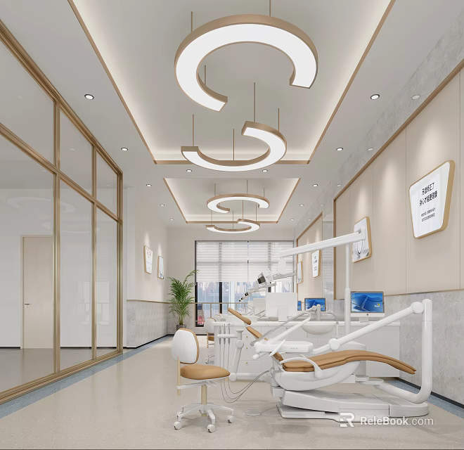 Modern Dental Clinic Interior With Dental Chairs Medical Equipment Glass Doors Plants And Ceiling Lights 3d model 