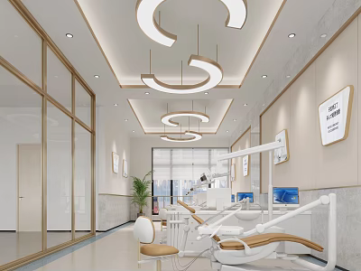 Modern Dental Clinic Interior With Dental Chairs Medical Equipment Glass Doors Plants And Ceiling Lights 3d model