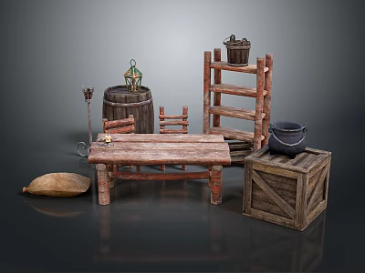 Rustic Wooden Dining Chairs With Table Shelf Barrel Lantern And Crate 3d model