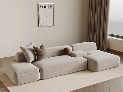 Modern Living Room With Beige L shaped Sofa Decorative Pillows And VOGUE Poster 3d model