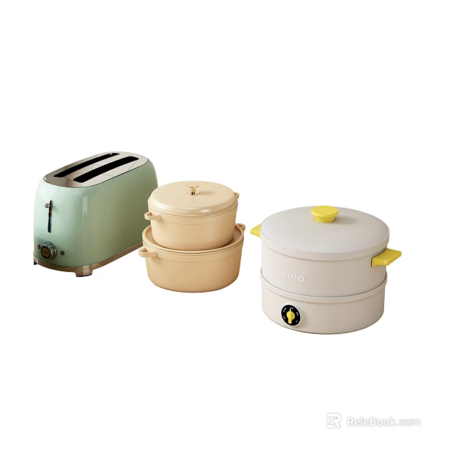 Modern Household Kitchen Appliances Including Toaster Steamer And Pastel Colored Casserole Pots 3d model 