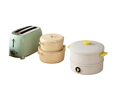 Modern Household Kitchen Appliances Including Toaster Steamer And Pastel Colored Casserole Pots 3d model