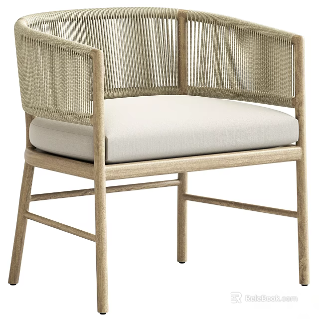 Modern Leisure Chair With Light Wooden Frame Woven Backrest And Beige Padded Seat 3d model 